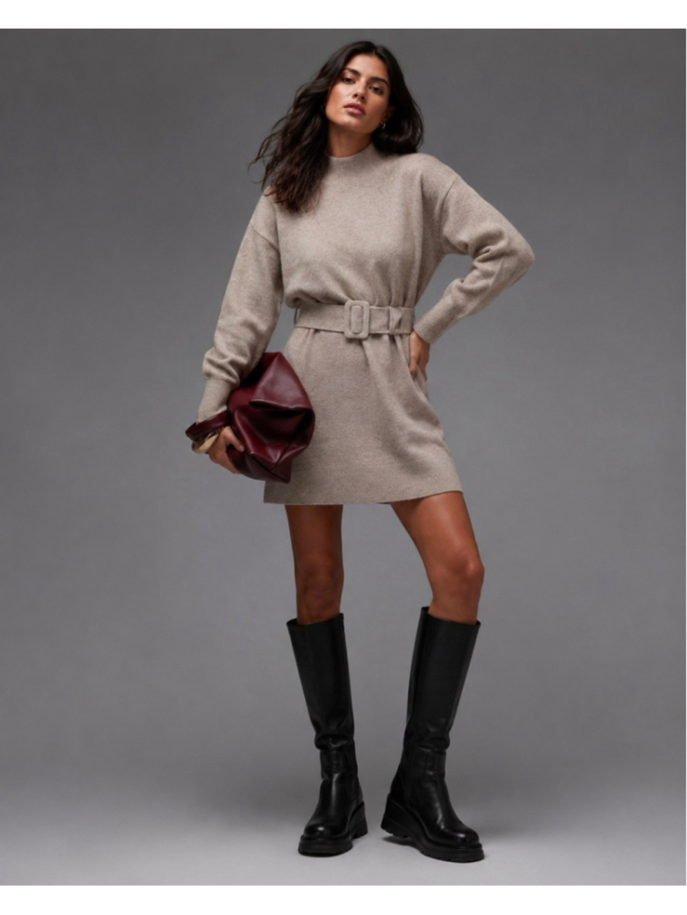 & Other Stories Beige Knit Sweater Dress M Belted Mock Neck Thick Oversized Prep